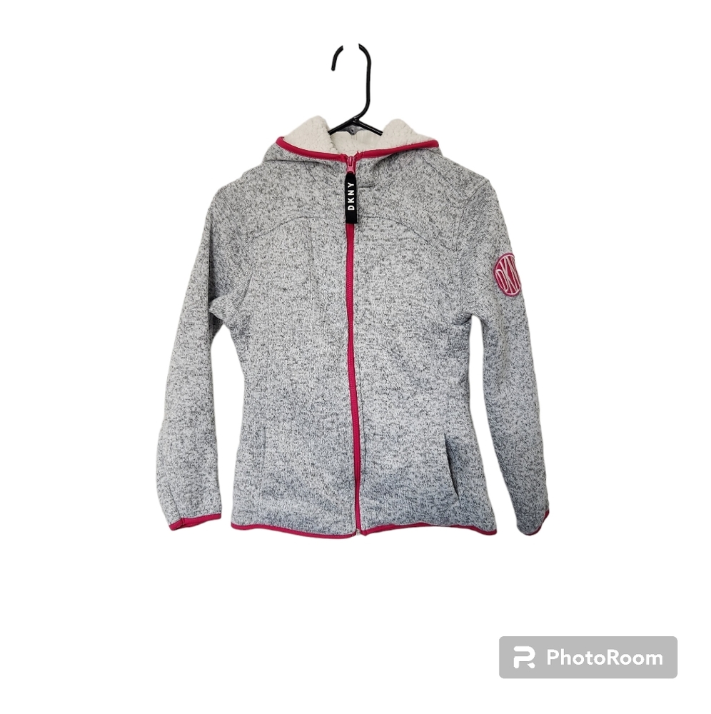 DKNY Girls Sherpa Lined Heather Gray Knit with Pink Piping Warm Hoodie L (14/16)